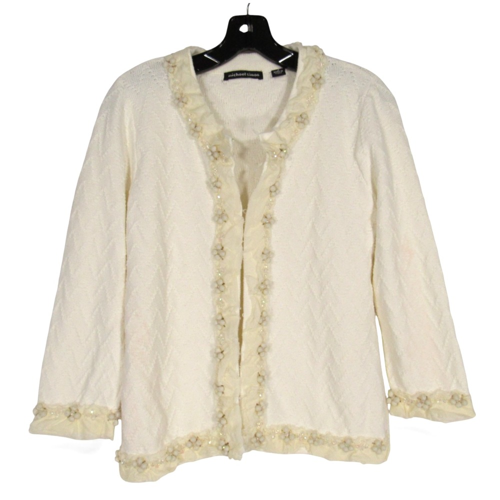 MICHAEL SIMON Ivory TEXTURED KNIT Clear Beaded/Layered Trim CARDIGAN/SWEATER L